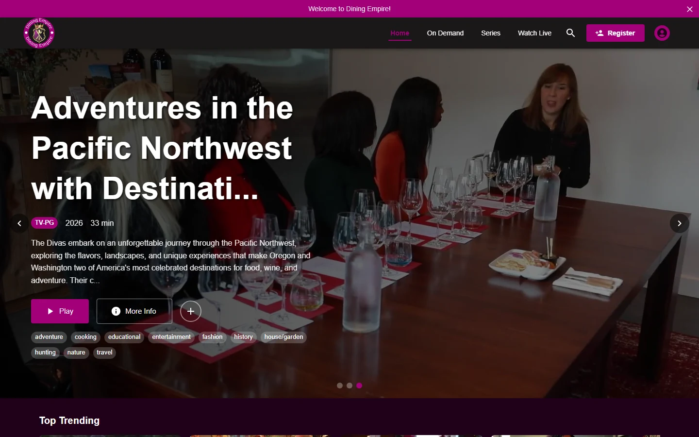 Dining Empire website reference showing a featured food and travel programme