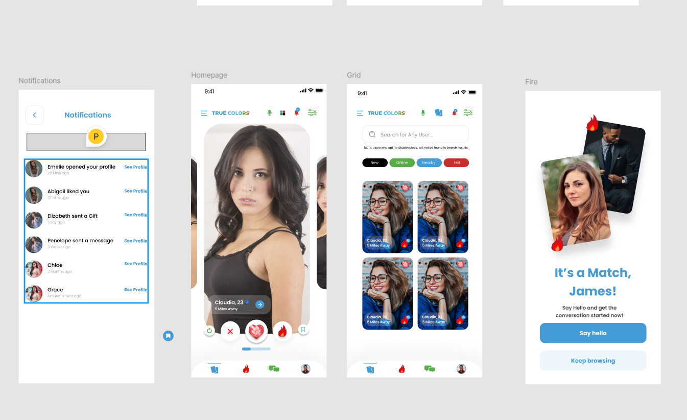 Original True Colors design screens showing notifications, profile discovery, grid browsing and a match